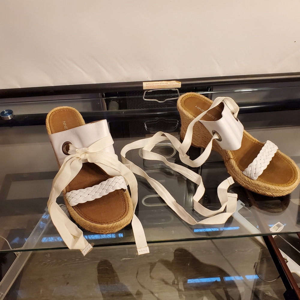 Nine West White Espadrille Wedges with Ribbon Ties